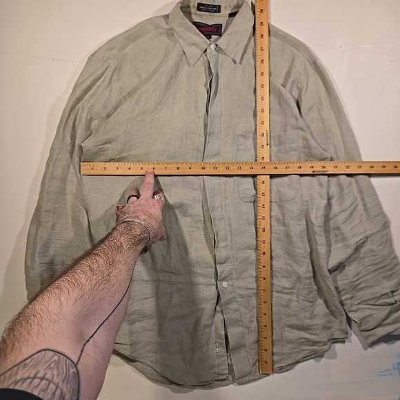 VTG Montebello M Shirt Brown Green Linen Long Sleeve Button XL Fit Hong Kong 80s - Picture 7 of 10